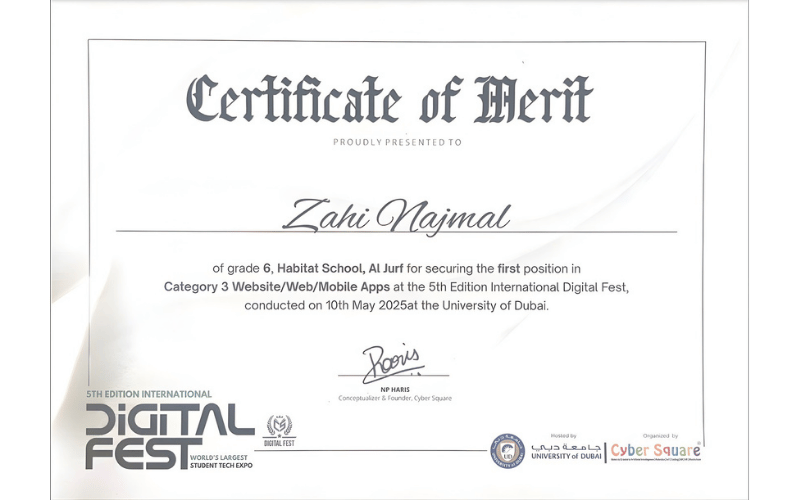 Zahi Najmal International Digital Fest 2025 Certificate
