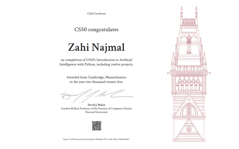 Harvard CS50x certificate for Introduction to Computer Science taught by David J Malan completed on August 6 2025