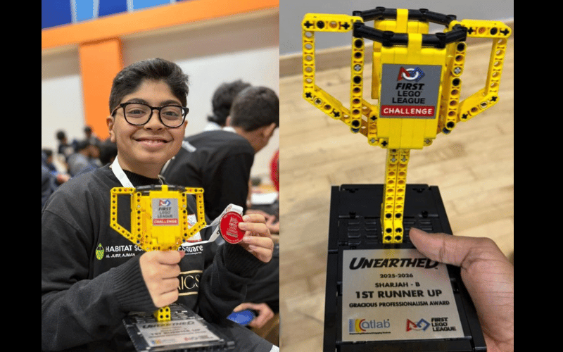Student holding trophy and medal after winning General Proficiency Runner Up Award at First Lego League Challenge 2026