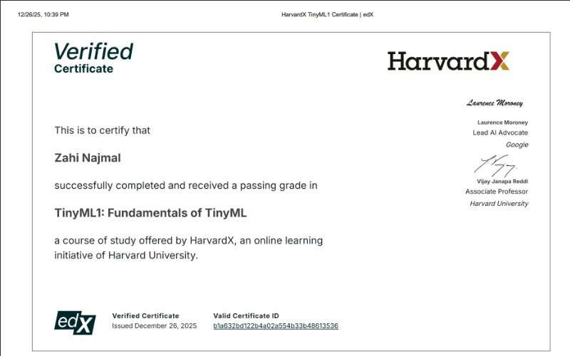 HarvardX TinyML1 Fundamentals of TinyML certificate showing successful completion with a 100 percent grade