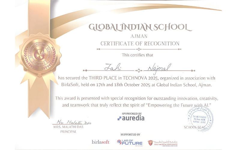 Third place certificate awarded at GIS Technova 2025 for the LearnTrack project