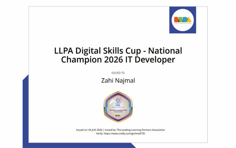 LLPA Digital Skills Cup 2026 National Champion IT Developer certificate awarded to Zahi Najmal representing United Arab Emirates
