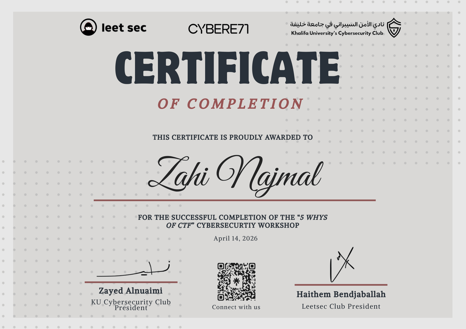 Certificate of completion awarded to Zahi Najmal for the 5 WHYS OF CTF Cybersecurity Workshop organised by Khalifa University’s Cybersecurity Club.