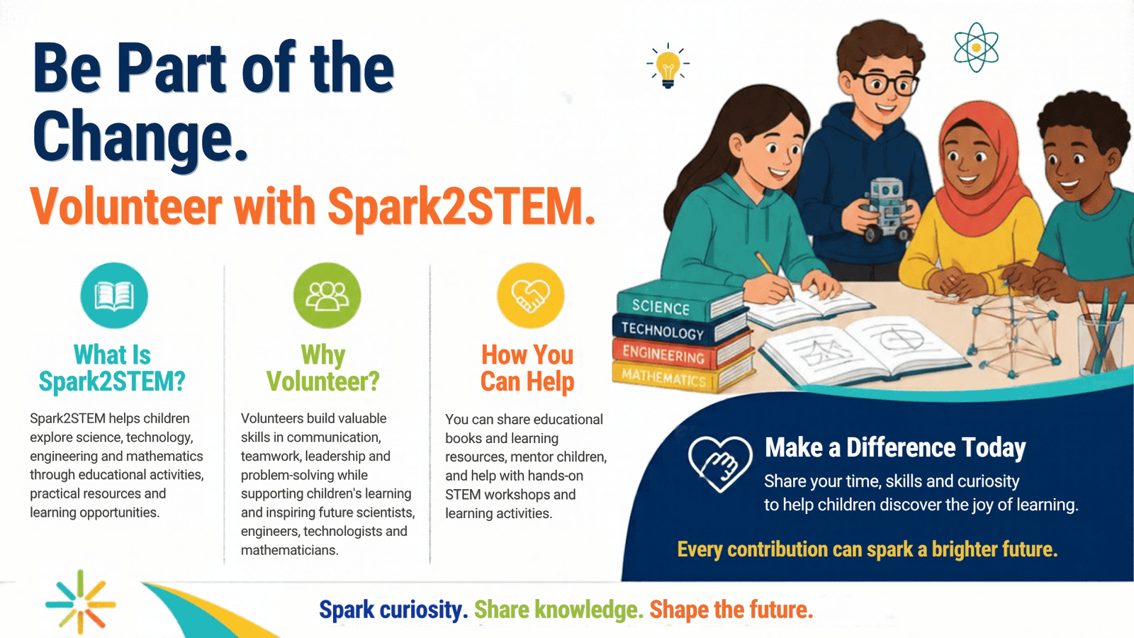 Spark2STEM volunteering challenge explaining what Spark2STEM is, why to volunteer, and how to help.